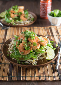 Shrimp With Ginger and Soy Over Bean Sprouts and Snow Peas