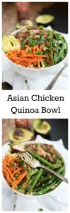 Asian Chicken Quinoa Bowl #glutenfree - this is a filling, healthy meal that can be enjoyed hot or cold! Makes a great meal prep addition!| www.nutritiouseats.com