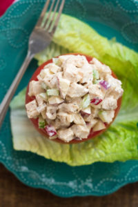 Cumin Chicken Salad Stuffed Tomatoes- delicious spiced chicken salad that can be enjoyed on bread, crackers or stuffed in an avocado, tomato or lettuce! #glutenfree | www.nutritiouseats.com