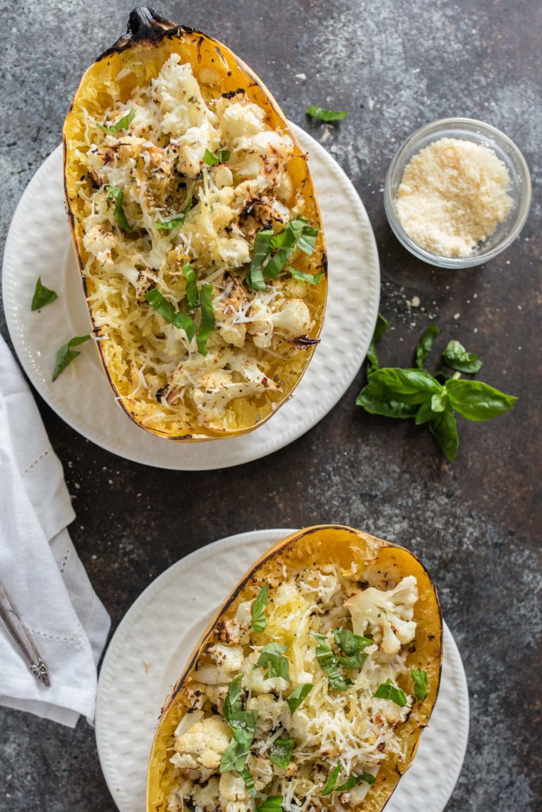 Cheesy Roasted Cauliflower Spaghetti Squash Boats - Nutritious Eats