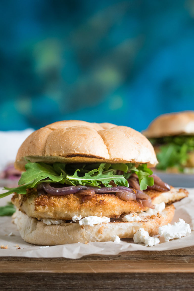 Panko and Almond Crusted Chicken Sandwich with Sautéed Onions, Arugula ...